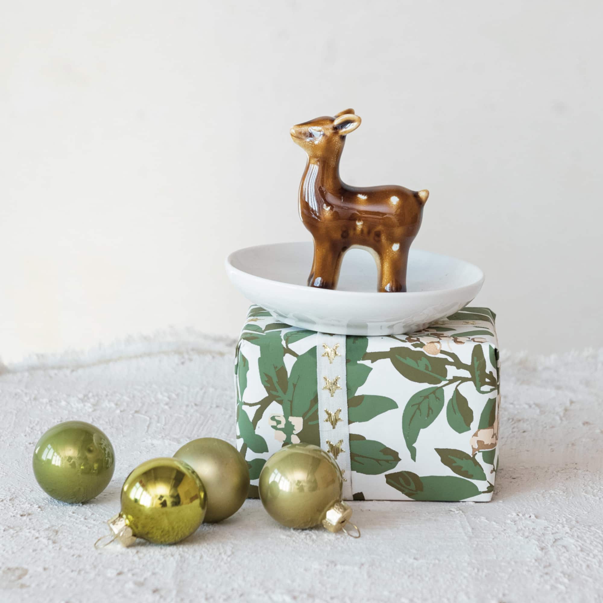 Hello Honey® 4.25" White & Brown Decorative Stoneware Dish with Deer & Reactive Glaze